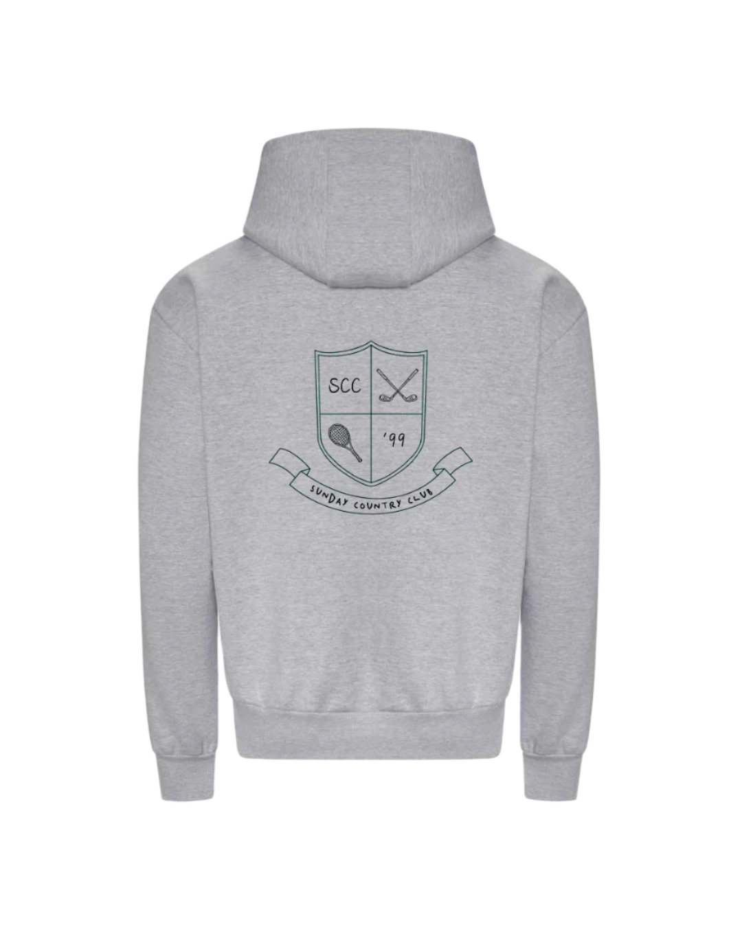 Gray hoodie with a logo on the back against a white background