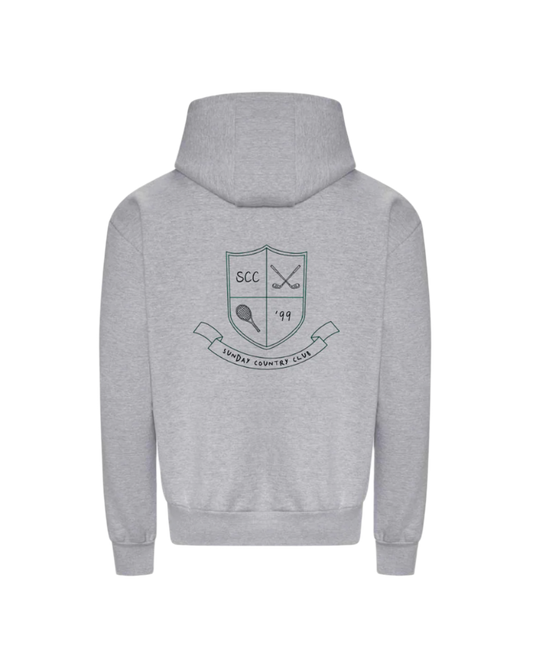 Gray hoodie with a logo on the back against a white background