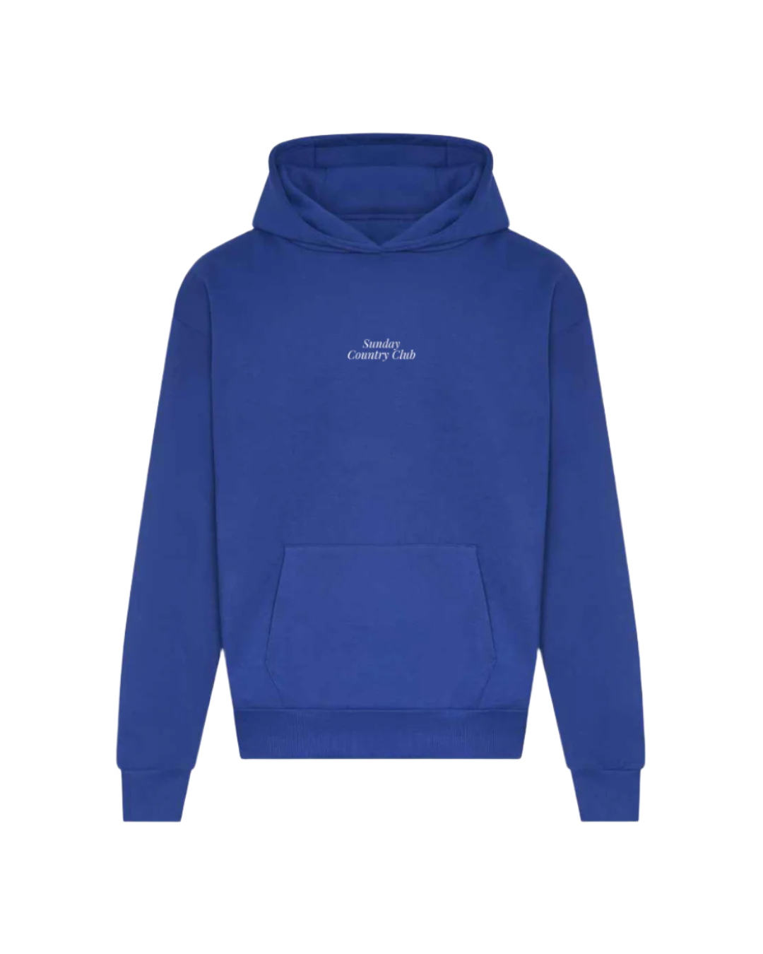 Blue hoodie with 'Sunday Country Club' text on a white background