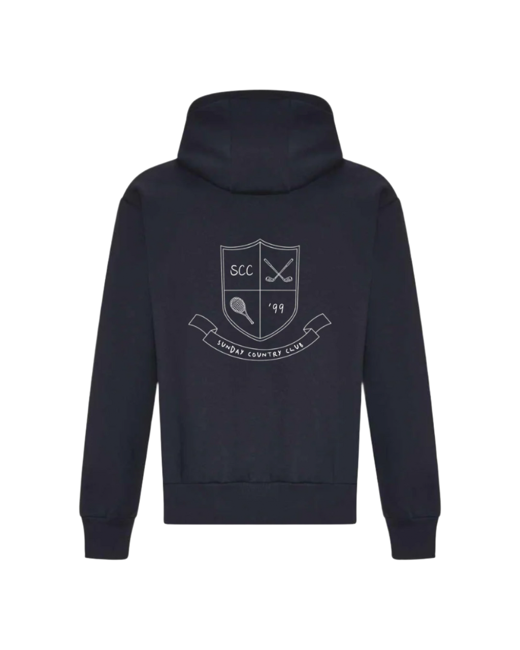 Black hoodie with a white logo on the back against a white background