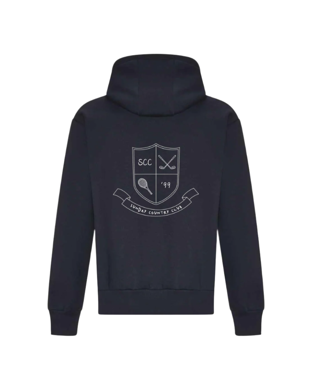 Black hoodie with a white logo on the back against a white background