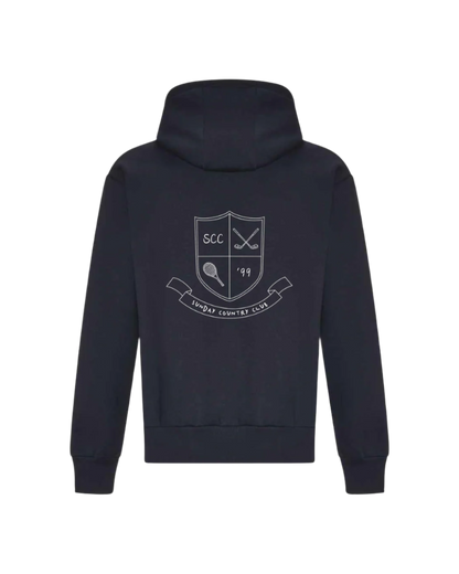Black hoodie with a white logo on the back against a white background
