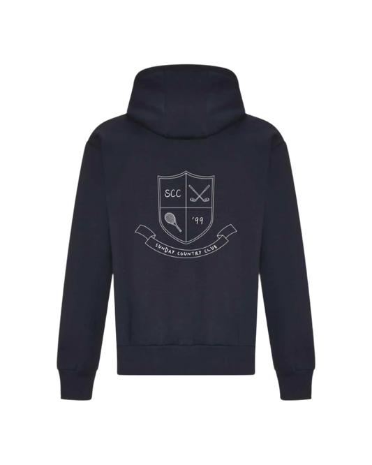 Black hoodie with a white logo on the back against a white background