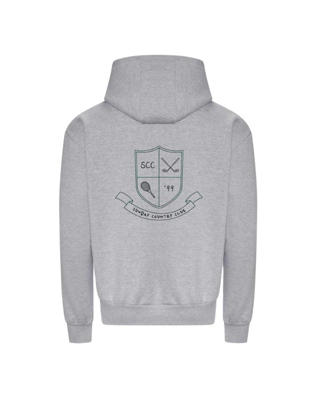 Gray hoodie with a logo on the back against a white background