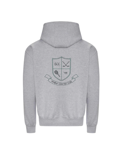 Gray hoodie with a logo on the back against a white background