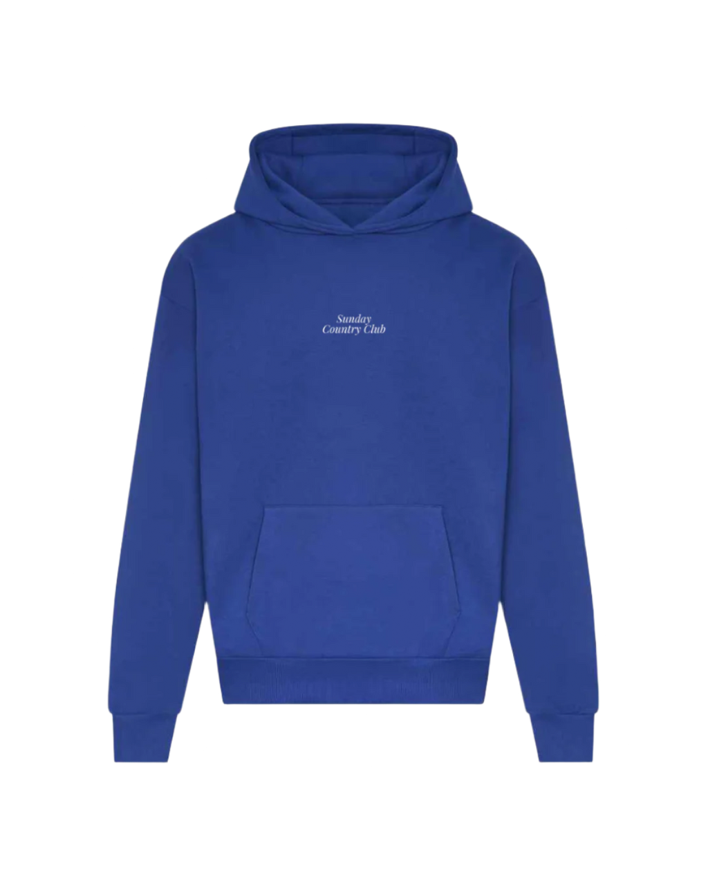 Blue hoodie with 'Sunday Country Club' text on a white background