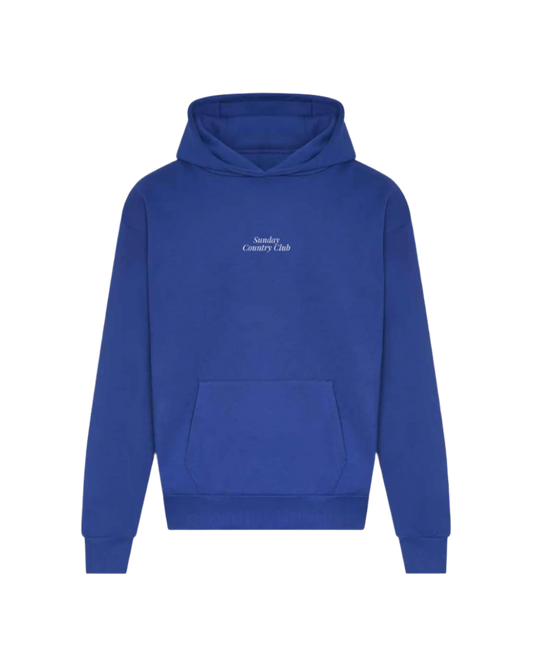 Blue hoodie with 'Sunday Country Club' text on a white background